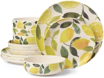 24 Seven Lemon Melamine 12-Piece Dinnerware Set for 4