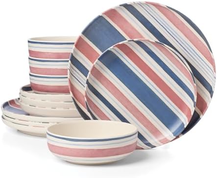 24 Seven Stripe Melamine 12-Piece Dinnerware Set for 4