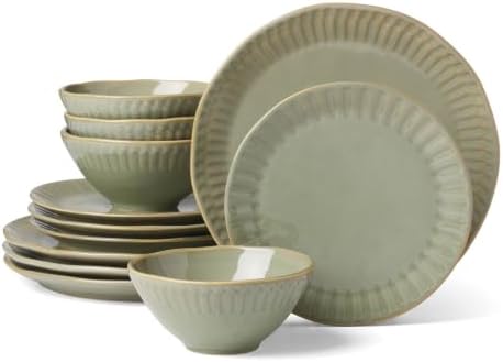 Artisanal Stripe Green 12-Piece Dinnerware Set, Service for 4